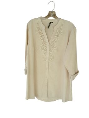 Cathy Natural Flax Split Neck Button Down Linen Rayon Tunic XL